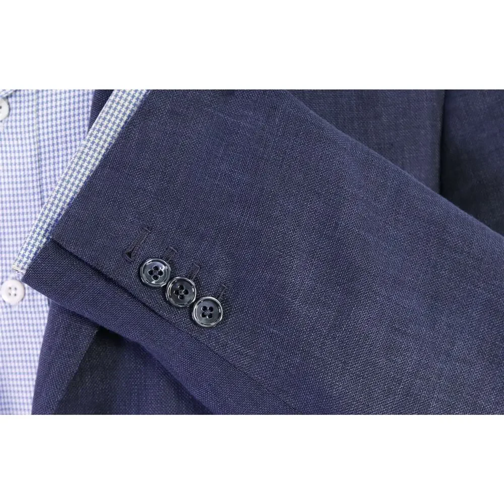 Trillon by Belvest Blue Wool Linen Silk Patch Pocket 3/2 Roll Blazer Jacket 44R